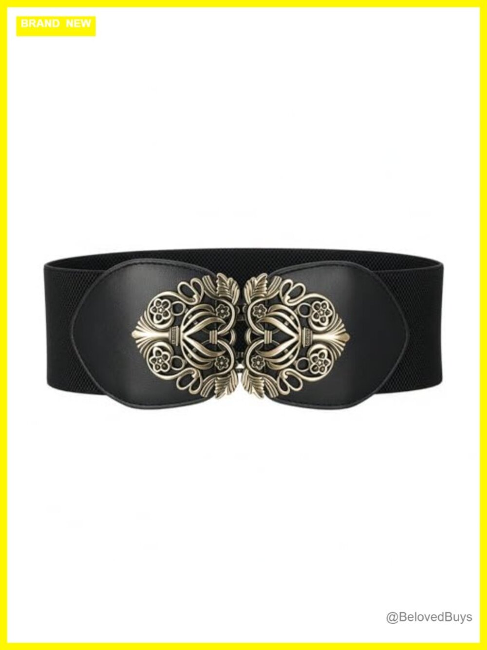 Vintage Elastic Waist Belt Ornate Antique Buckle Wide Stretch Faux Leather